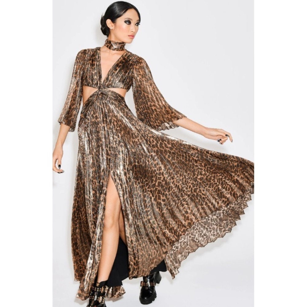 ALICE + OLIVIA Dress X-Small Gold Metallic Bahama Animal Print‎ Cutout Pleated